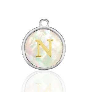 Roestvrij stalen (RVS) Stainless steel bedels 12mm shell initial N White (natuurlijke kleur)-silver