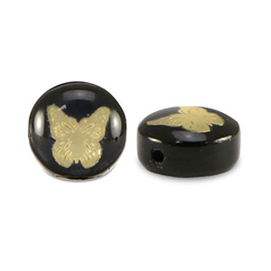 Glaskralen rondellen butterfly Black-gold