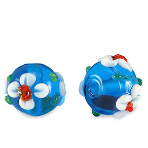 Handgeschilderde glaskralen bloem Prussian blue-white