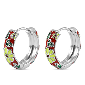 Brass TQ metaal creolen met enamel flower Silver-red yellow