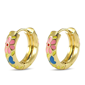 Brass TQ metaal creolen met enamel flower Gold-pink yellow