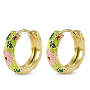Brass TQ metaal creolen met enamel flower Gold-pink yellow