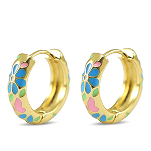 Brass TQ metaal creolen met enamel flower Gold-pink blue