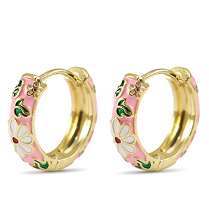 Brass TQ metaal creolen met enamel flower Gold-pink white