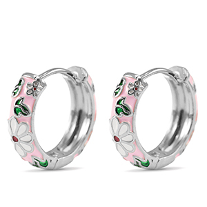 Brass TQ metaal creolen met enamel flower Silver-pink white