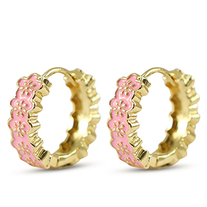 Brass TQ metaal creolen met enamel flower Gold-pink