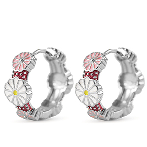 Brass TQ metaal creolen met enamel flower Silver-white pink