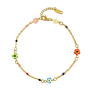 Roestvrij stalen (RVS) Stainless steel armbanden millefiori flower Gold-multicolour
