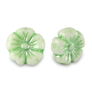 Czech kralen bloem 9mm Paled green metallic-white