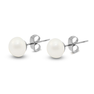 Roestvrij stalen (RVS) Stainless steel oorbellen / oorstekers parels 8mm Silver-pearl white
