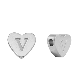 Roestvrij stalen (RVS) Stainless steel kralen hart letter V Silver