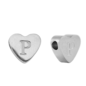 Roestvrij stalen (RVS) Stainless steel kralen hart letter P Silver