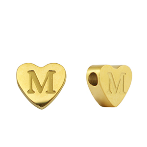 Roestvrij stalen (RVS) Stainless steel kralen hart letter M Gold