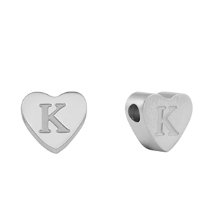 Roestvrij stalen (RVS) Stainless steel kralen hart letter K Silver