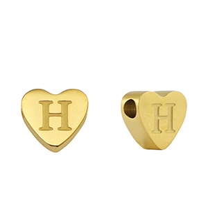 Roestvrij stalen (RVS) Stainless steel kralen hart letter H Gold