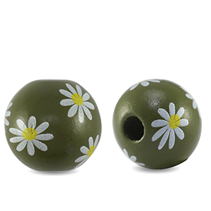 Houten kralen rond 16mm bloem Olive green