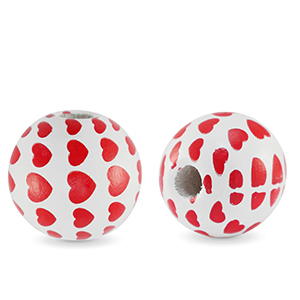 Houten kralen rond 16mm hart White-red