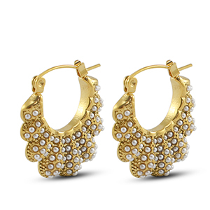 Roestvrij stalen (RVS) Stainless steel oorbellen / oorstekers waaier met imitatie parels Gold