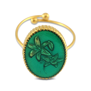 Roestvrij stalen (RVS) Stainless steel ringen enamel ovaal met bloem Gold-dark green