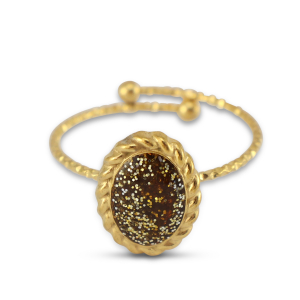 Roestvrij stalen (RVS) Stainless steel ringen enamel ovaal Gold-glitter topaz