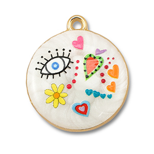 Bedels metaal met enamel rond White-multicolour-gold