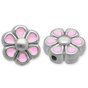 Roestvrij stalen (RVS) Stainless steel kralen bloem Silver-light pink-white