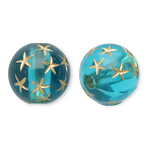 10 mm acryl kralen rond met sterren Teal blue-gold