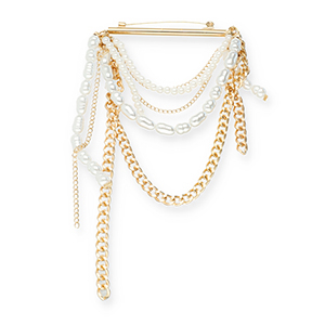 Statement broches staaf met ketting en parels Gold-white
