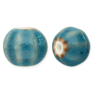 Kralen keramiek met strepen 12mm Teal blue
