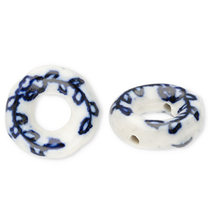 Kralen keramiek donut Off white-Delft blue