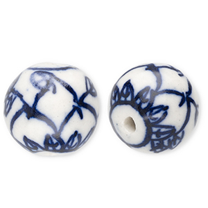 Kralen keramiek 15mm met blad Off white-Delft blue