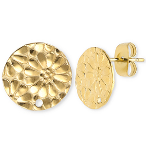 Roestvrij stalen (RVS) Stainless steel onderdelen oorbellen / oorstekers rond met bloem met oogje Gold