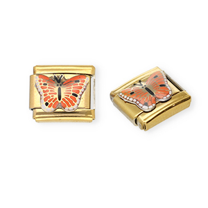 Roestvrij stalen (RVS) Stainless steel Italian charms losse schakels vlinder Gold-orange-black-white