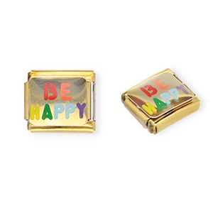 Roestvrij stalen (RVS) Stainless steel Italian charms losse schakels "Be happy" Gold-multicolour