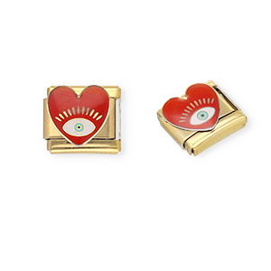 Roestvrij stalen (RVS) Stainless steel Italian charms losse schakels hart met Alziend oog Gold-dark red-white