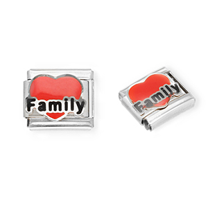 Roestvrij stalen (RVS) Stainless steel Italian charms losse schakels hart "Family" Silver-red-black
