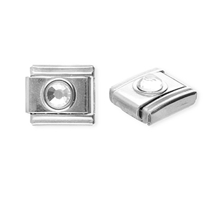 Roestvrij stalen (RVS) Stainless steel Italian charms losse schakels rond met strass Silver-crystal