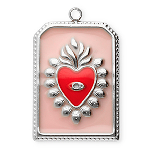 Roestvrij stalen (RVS) Stainless steel bedels rechthoek met hart Silver-vintage pink-red