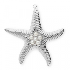 Roestvrij stalen (RVS) Stainless steel bedels zeester met imitatieparels Silver-white