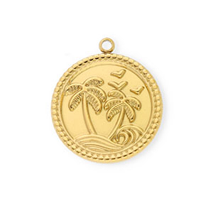 Roestvrij stalen (RVS) Stainless steel bedels rond met palmboom Gold