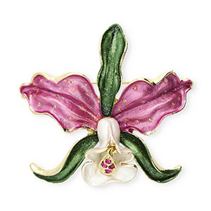Broches bloem met strass Gold-orchid pink-green-white