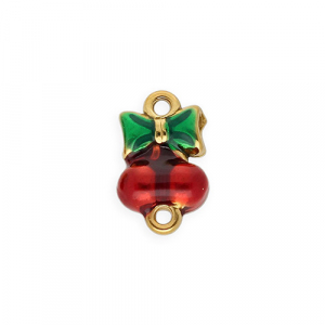 Roestvrij stalen (RVS) Stainless steel onderdelen tussenstuk met enamel kersen met strik Gold-red-green