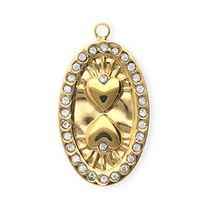 Roestvrij stalen (RVS) Stainless steel bedels met strass ovaal met hartjes Gold-crystal