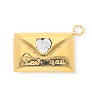 Roestvrij stalen (RVS) Stainless steel bedels met strass envelop "Love you" Gold-crystal