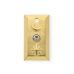 Roestvrij stalen (RVS) Stainless steel bedels met strass rechthoek met maan en ster Gold-crystal